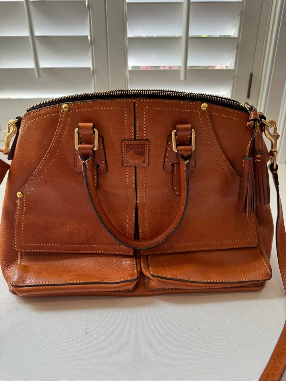 Dooney & Bourke Florentine Leather Front Pocket Satchel Chestnut Brown Crossbody